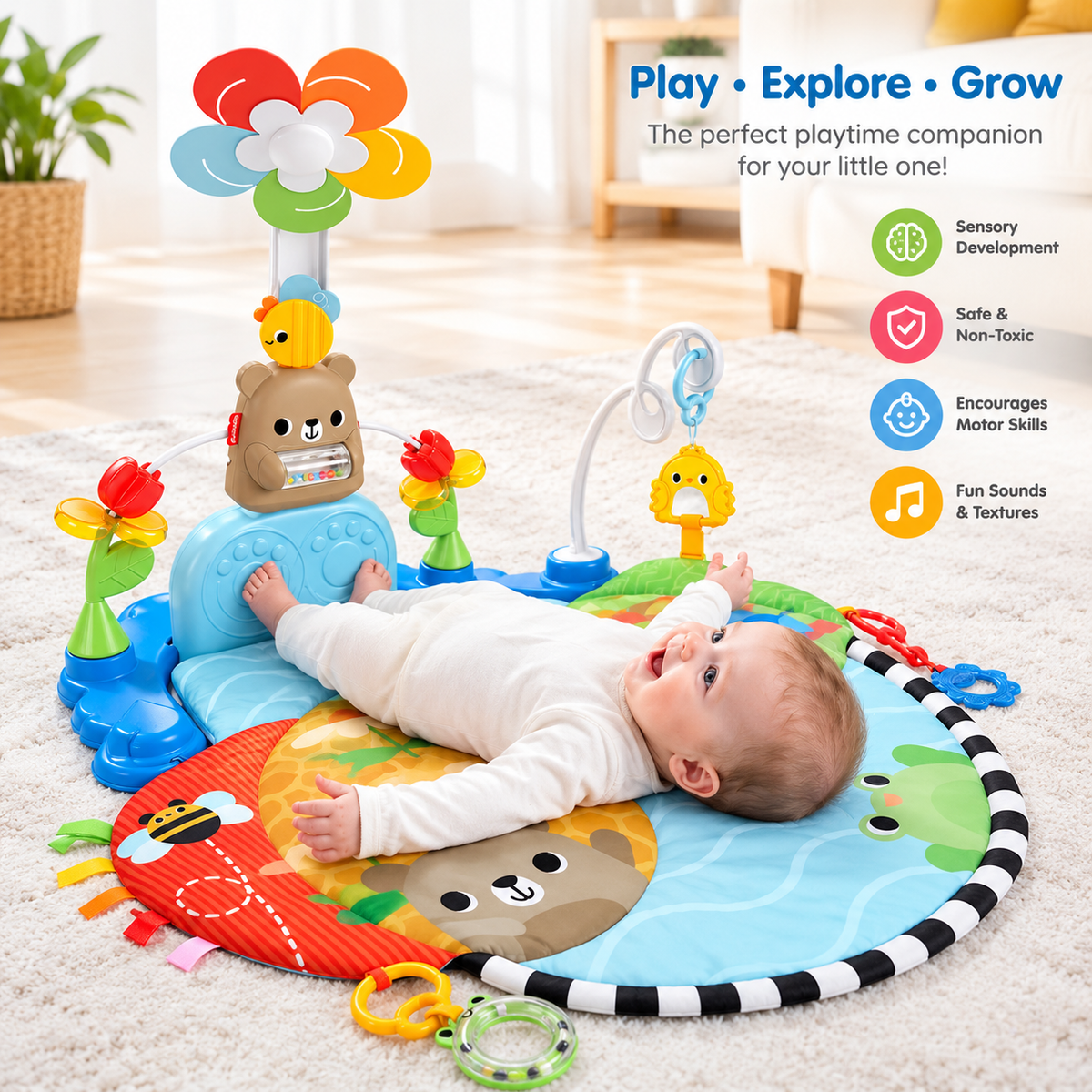 4-in-1 Baby Activity Gym & Play Mat with Kick Piano & Overhead Mobile