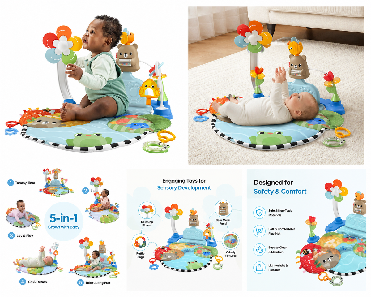 4-in-1 Baby Activity Gym & Play Mat with Kick Piano & Overhead Mobile