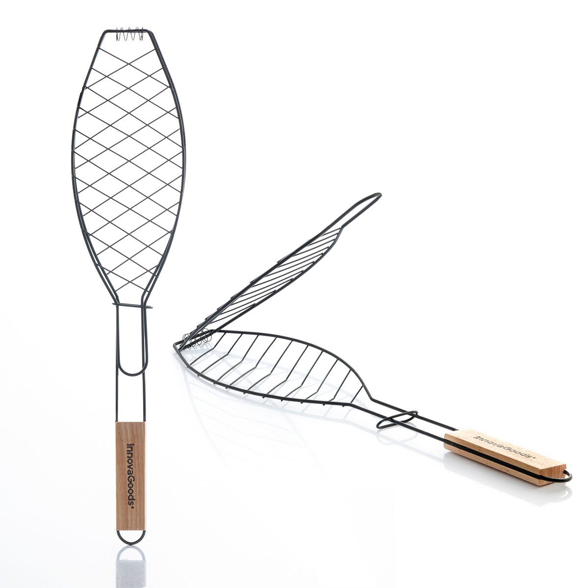 Non-Stick Fish Grilling Basket with Wooden Handle for BBQ & Outdoor Cooking