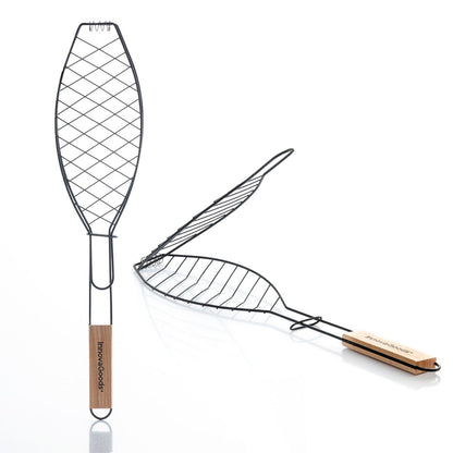 Non-Stick Fish Grilling Basket with Wooden Handle for BBQ & Outdoor Cooking