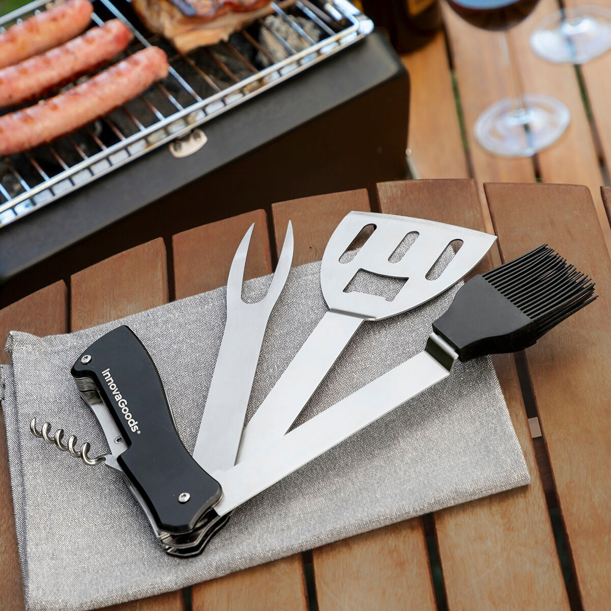 5-in-1 BBQ Grill Tool Set – Stainless Steel Barbecue Utensils with Spatula, Fork, Brush & Corkscrew