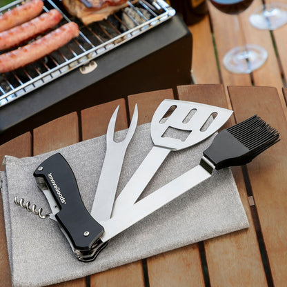5-in-1 BBQ Grill Tool Set – Stainless Steel Barbecue Utensils with Spatula, Fork, Brush & Corkscrew