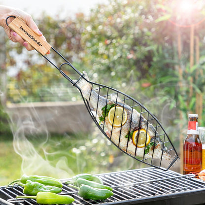 Non-Stick Fish Grilling Basket with Wooden Handle for BBQ & Outdoor Cooking
