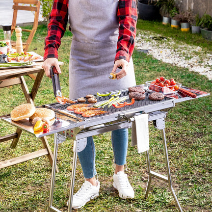 Portable Foldable Charcoal BBQ Grill – Stainless Steel Outdoor Barbecue with Large Cooking Surface
