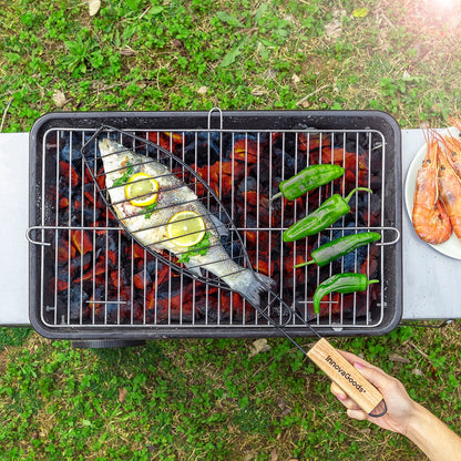 Non-Stick Fish Grilling Basket with Wooden Handle for BBQ & Outdoor Cooking