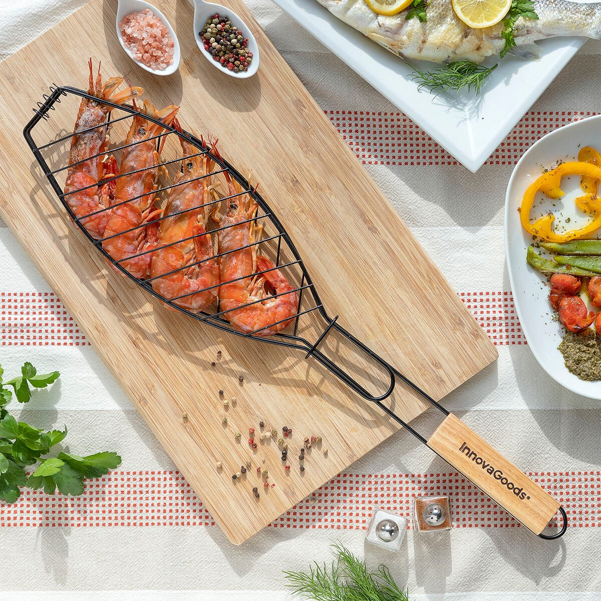 Non-Stick Fish Grilling Basket with Wooden Handle for BBQ & Outdoor Cooking