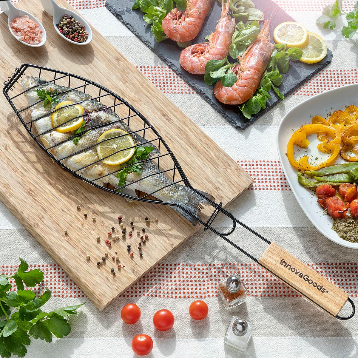 Non-Stick Fish Grilling Basket with Wooden Handle for BBQ & Outdoor Cooking