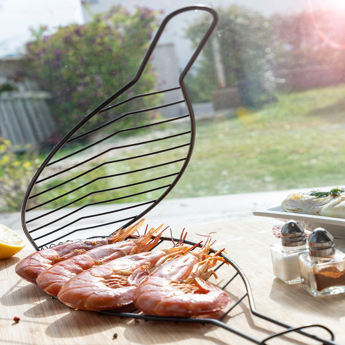 Non-Stick Fish Grilling Basket with Wooden Handle for BBQ & Outdoor Cooking