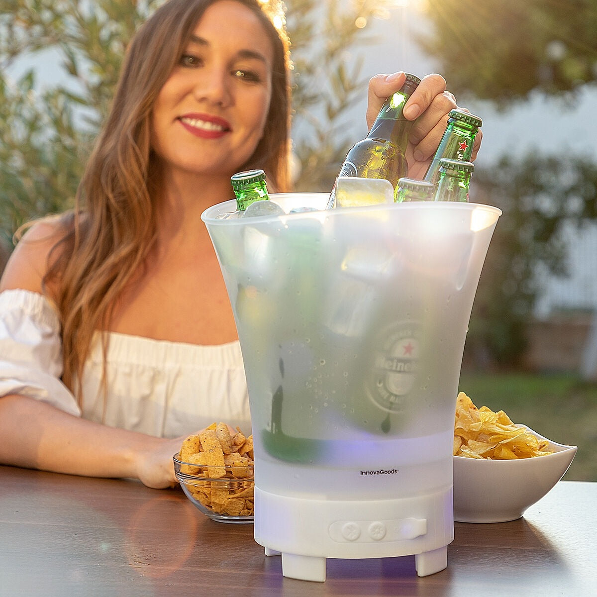 Seau à glace LED avec haut-parleur Bluetooth rechargeable – Glacière de fête