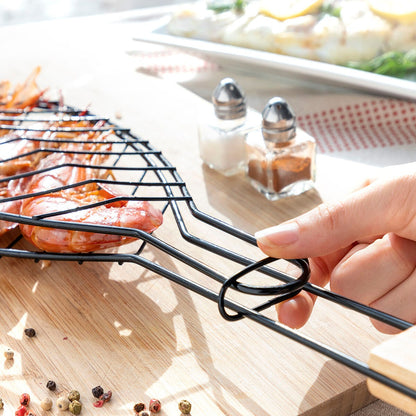 Non-Stick Fish Grilling Basket with Wooden Handle for BBQ & Outdoor Cooking