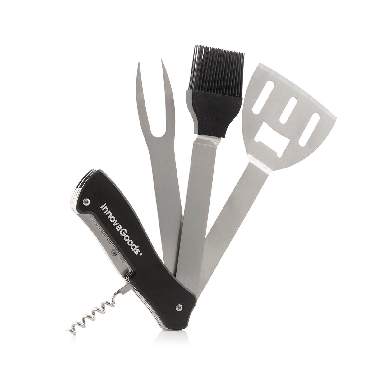 5-in-1 BBQ Grill Tool Set – Stainless Steel Barbecue Utensils with Spatula, Fork, Brush & Corkscrew