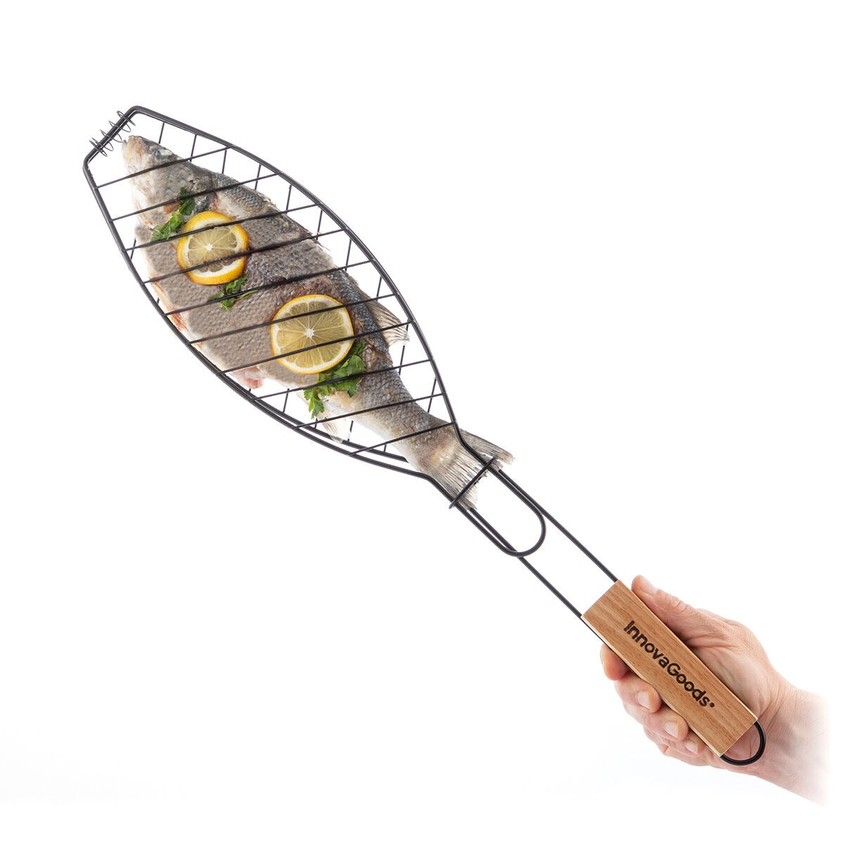 Non-Stick Fish Grilling Basket with Wooden Handle for BBQ & Outdoor Cooking