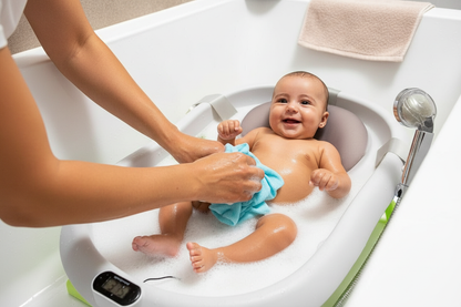 Parent bathing newborn
